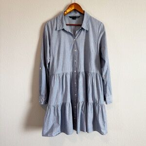 Veronica Beard Jemila Blue Striped Tiered Cotton Mini Shirt Dress Size Large